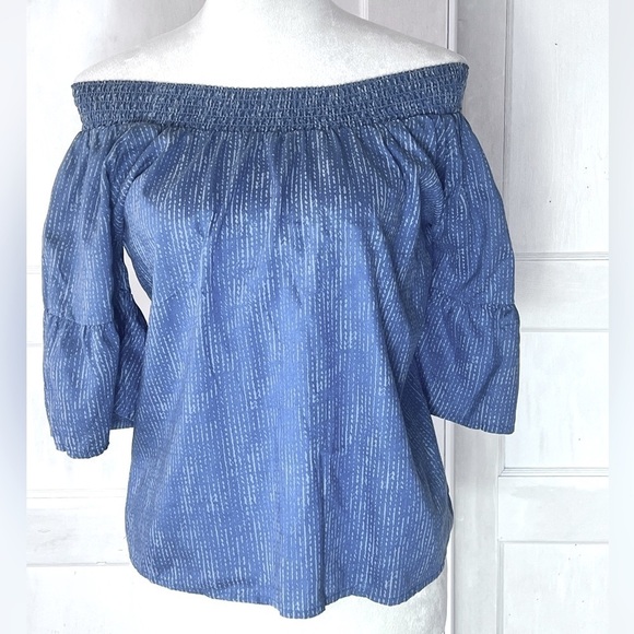 PRANA CHRYSSA OFF THE SHOULDER TOP IN BLUE SPRINKLE RUFFLE SLEEVE SZ S - Picture 1 of 8